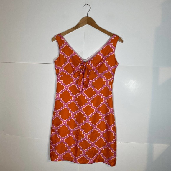 Skirtin Around Sz 2 Silk Sheath Dress Lined Pink Orange Tie Front Retro 60s - Picture 3 of 11